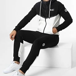 Meilleure affaire 🎉 Ensemble Sweat Zippé Capuche Et Pantalon Jogging Everest Noir Blanc de Comme Des Loups ❤️